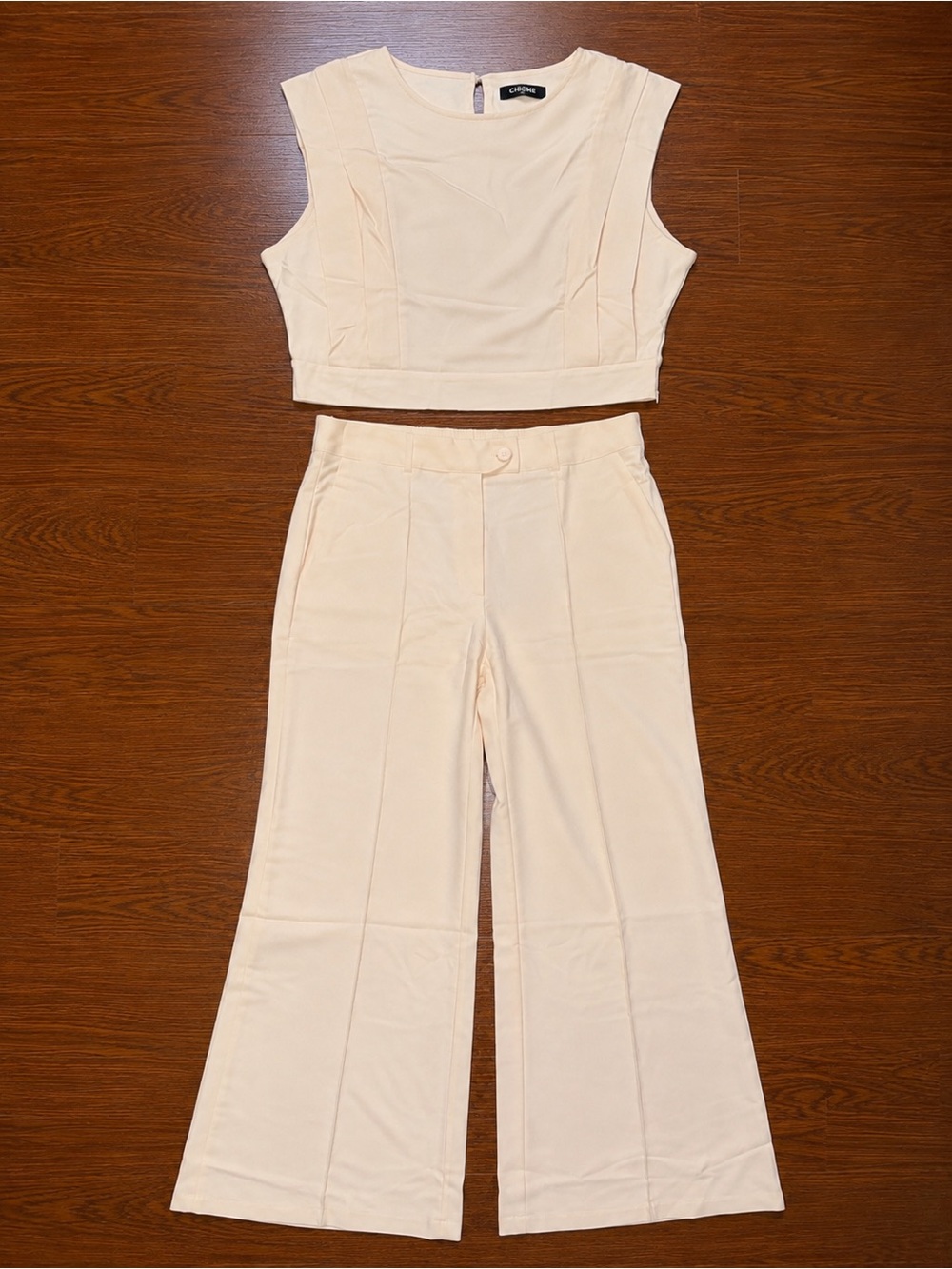 Sleeveless Cropped Top & High-Waist Wide-Leg Set - Cream Sz L NWT